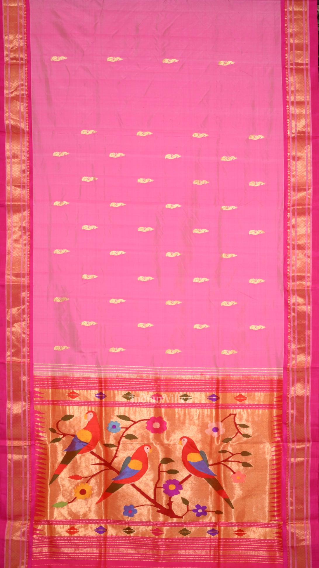 Pink Dual Tone Peacock  Parrot Pallu  Paithani Silk Saree