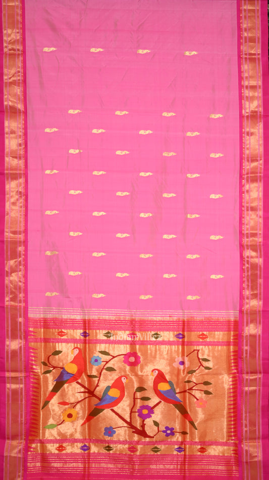 Pink Dual Tone Peacock  Parrot Pallu  Paithani Silk Saree