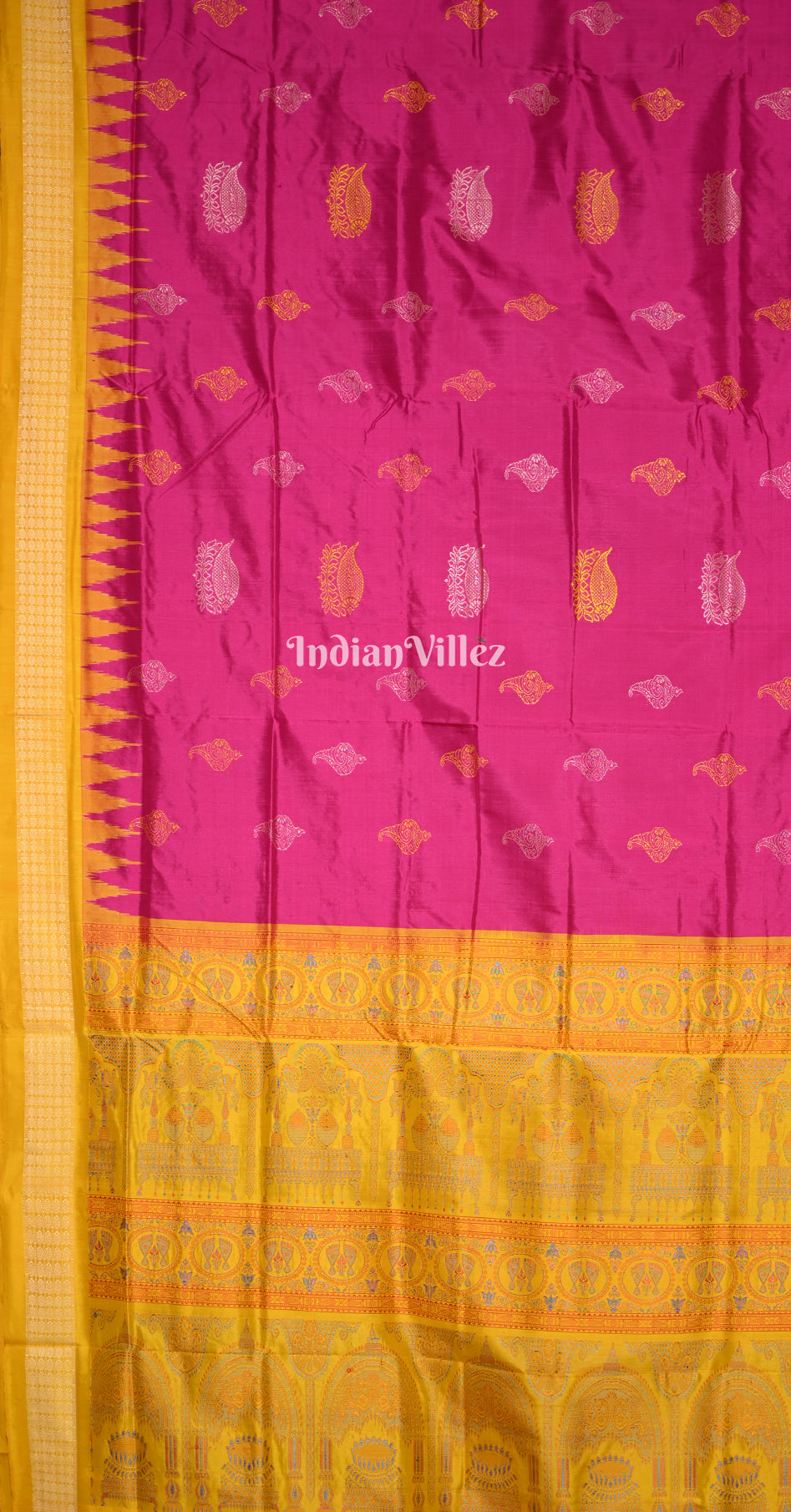 Rani Pink Mustard Yellow Sankha Lotus Motif Odisha Ikat Bomkai Sambalpuri Silk Saree