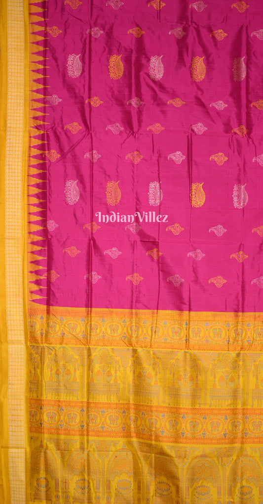 Rani Pink Mustard Yellow Sankha Lotus Motif Odisha Ikat Bomkai Sambalpuri Silk Saree