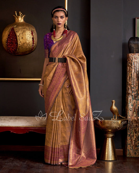 Golden Yellow Chaap Handloom Weaving Silk Saree