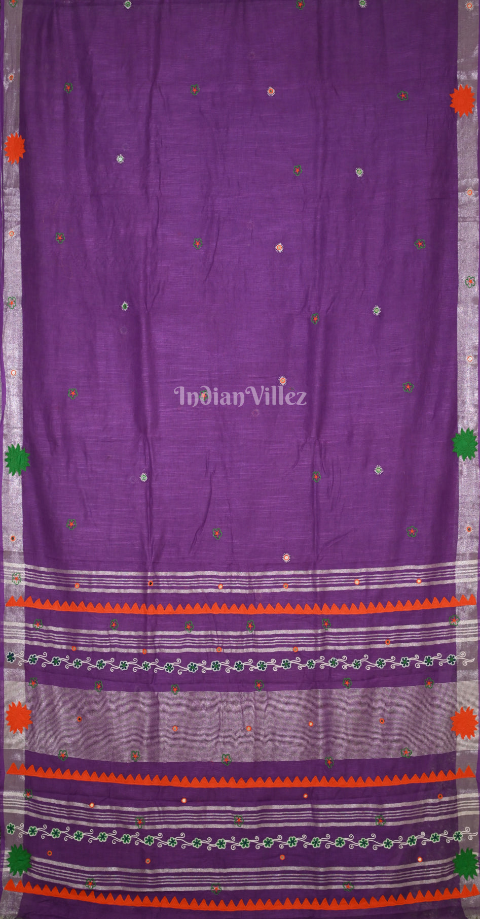 Purple Hand Embroidered Applique Work Saree 