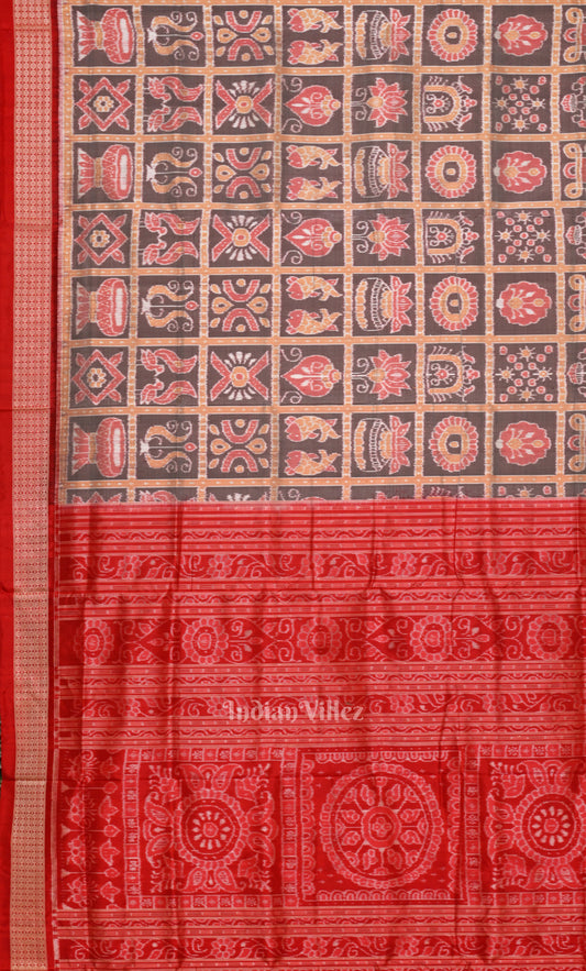  Elegant Gray Red Nabakothi Odisha Ikat Sambalpuri Silk Saree 