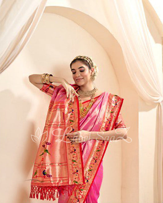 Pink Rewa Tissue Handloom Paithani Saree