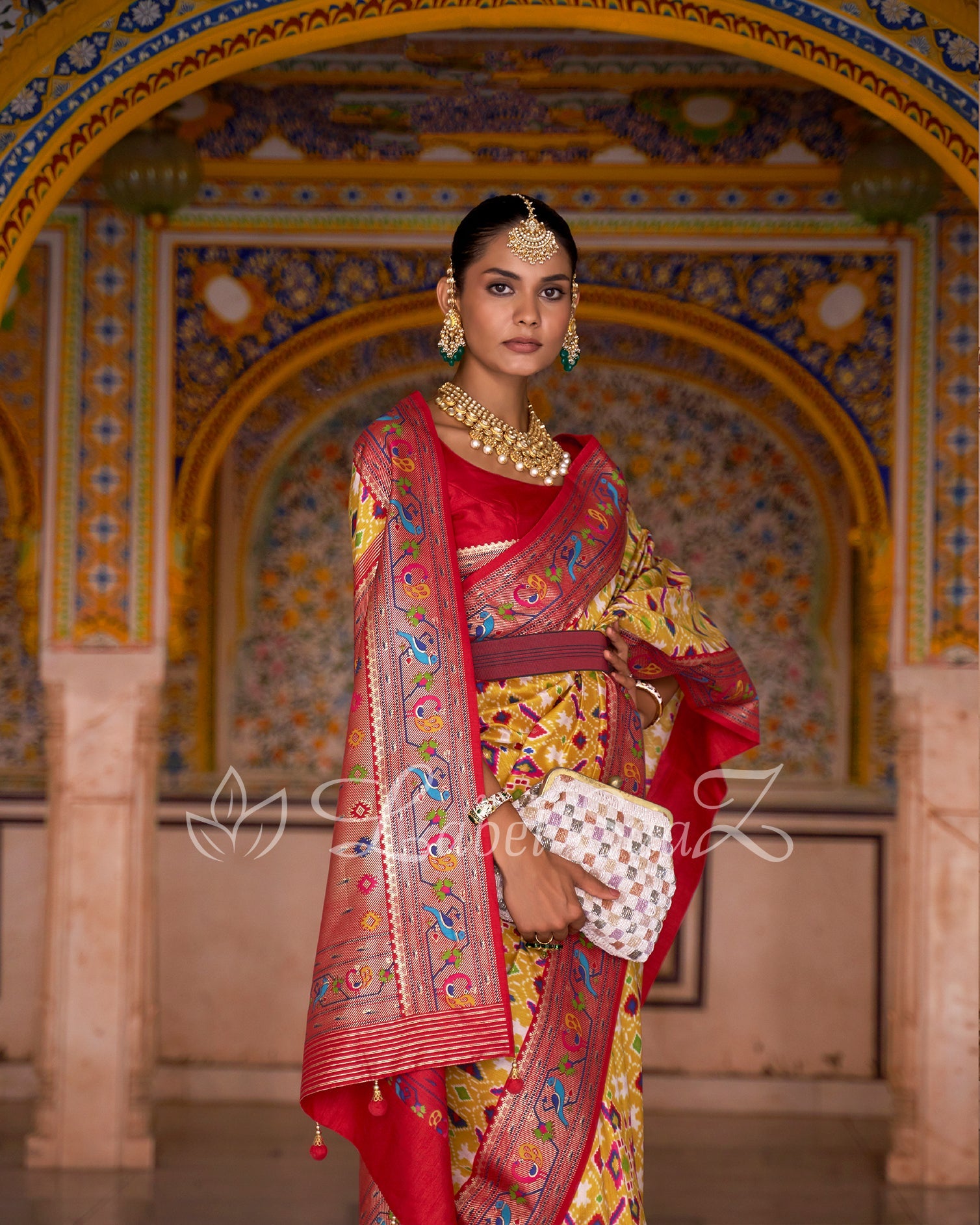 Yellow Red Patola inspired Pochampally with Paithani Border and Pallu