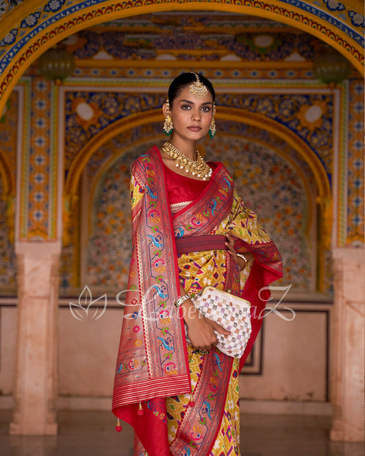 Yellow Red Patola inspired Pochampally with Paithani Border and Pallu
