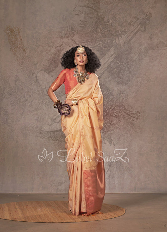 Cream Two Tone Handloom Weaving Silk Saree 