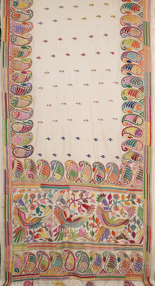 White Handwoven Kantha Stitch Silk Saree 