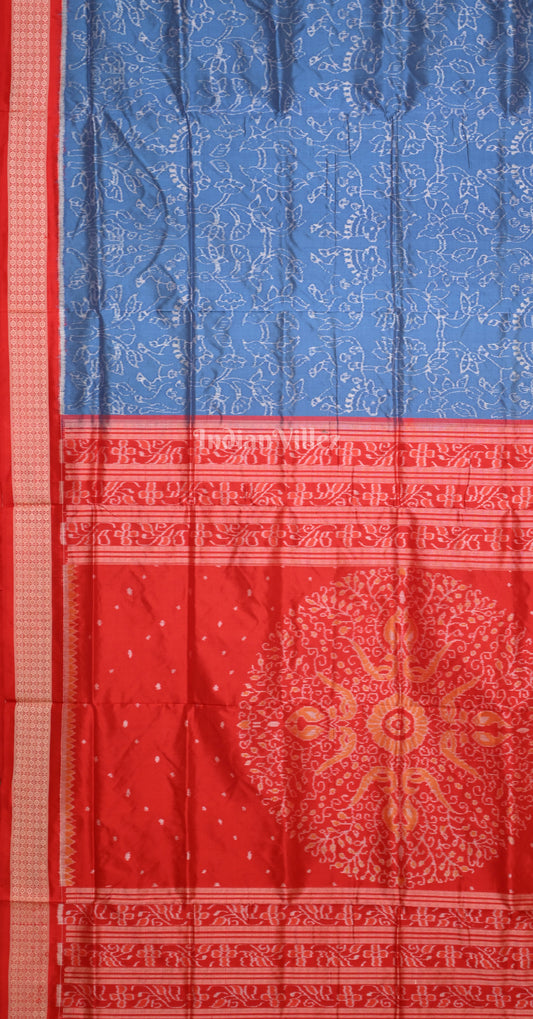 Peacock Blue Red Lotus & Animal Motif Odisha Ikat Sambalpuri Silk Saree 