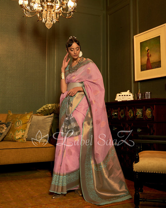 Lemon Pink Linen Handloom with Copper Zari Weaving 