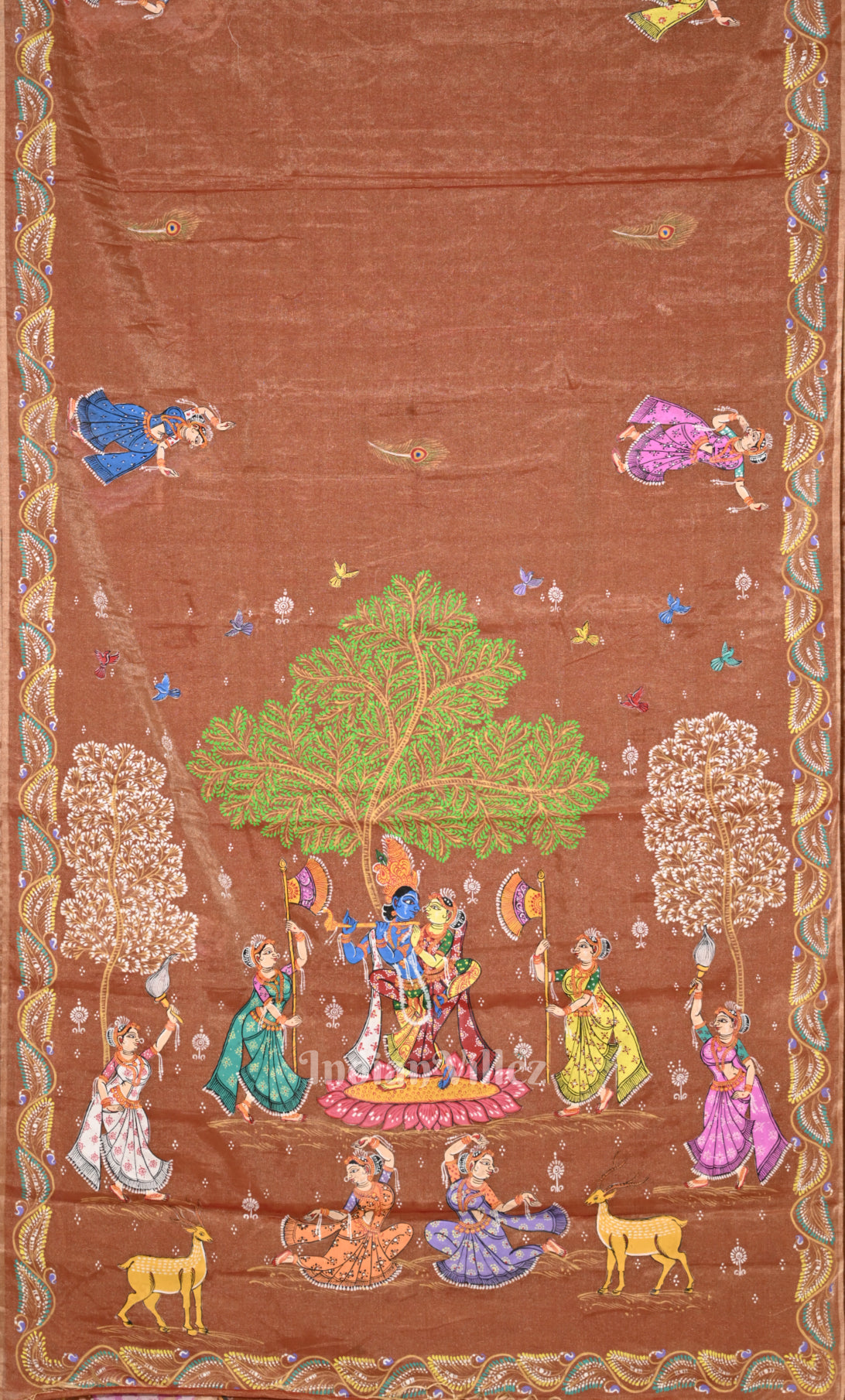 Cadmium Orange Krishna Rasa Leela Hand-Painted Pattachitra Saree