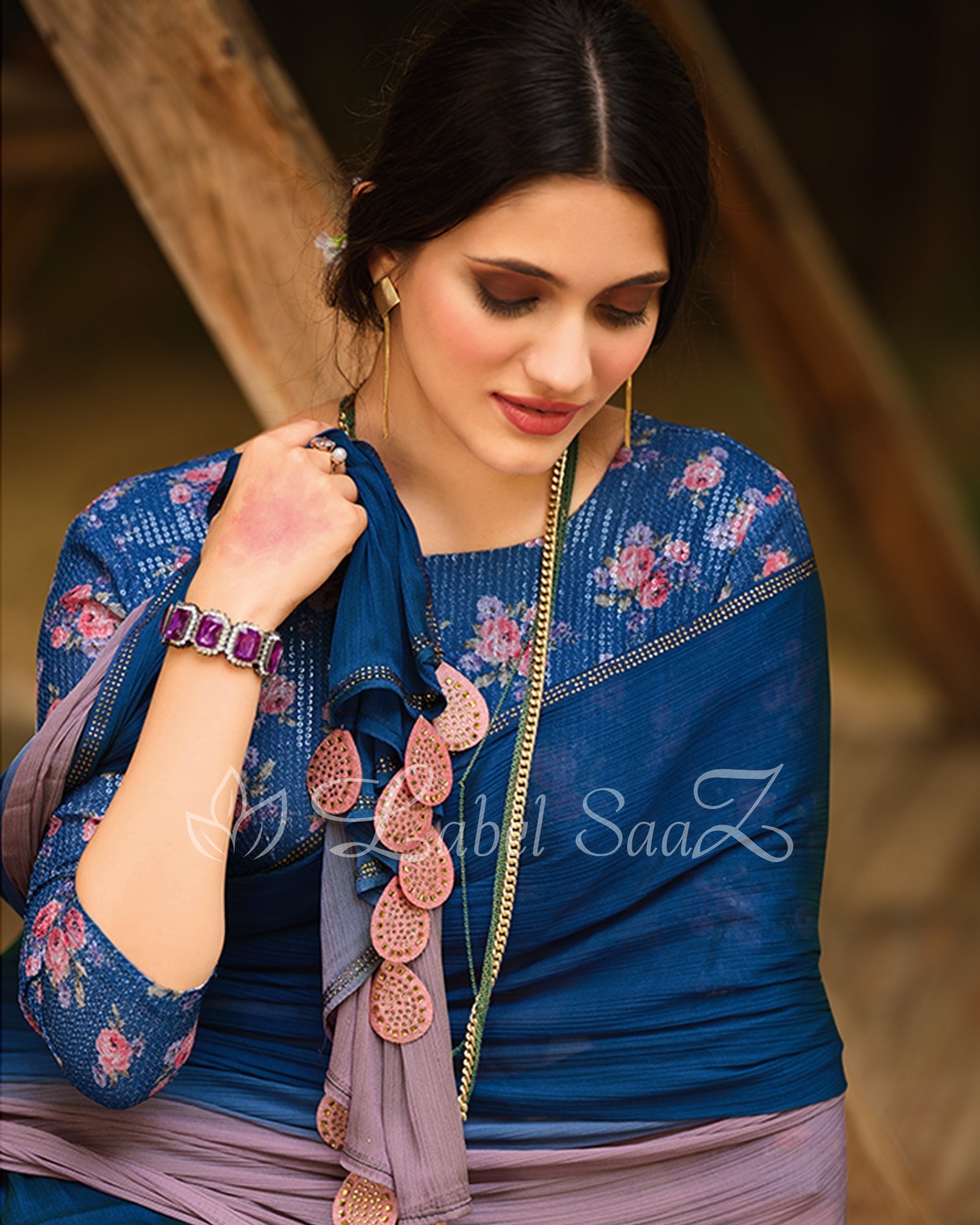 Blue Chiffon with Floral Blouse saree
