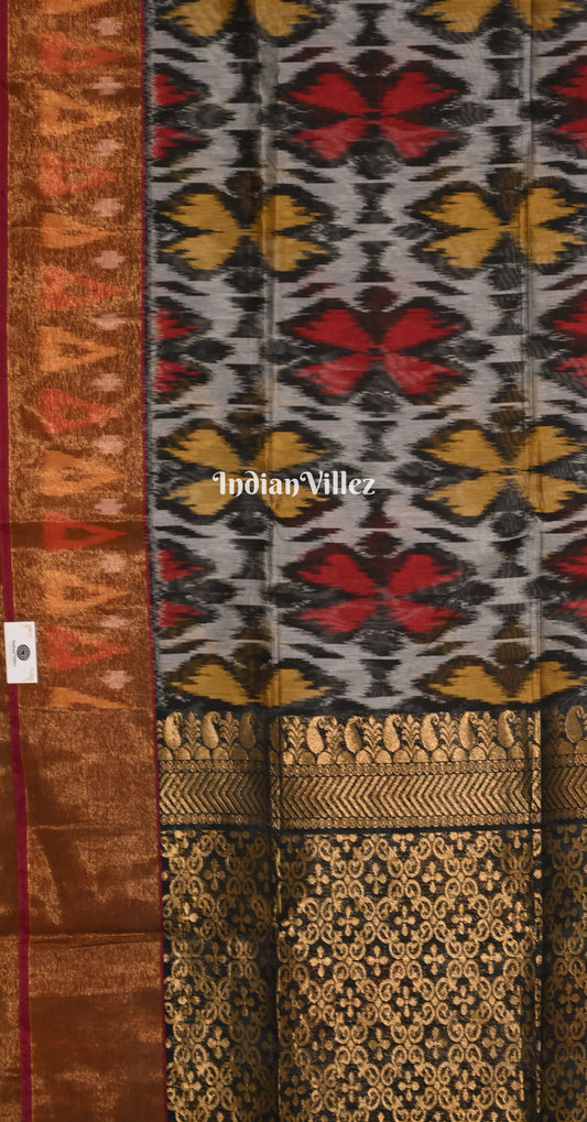 White Black Pochampally Ikat (Sico) Saree