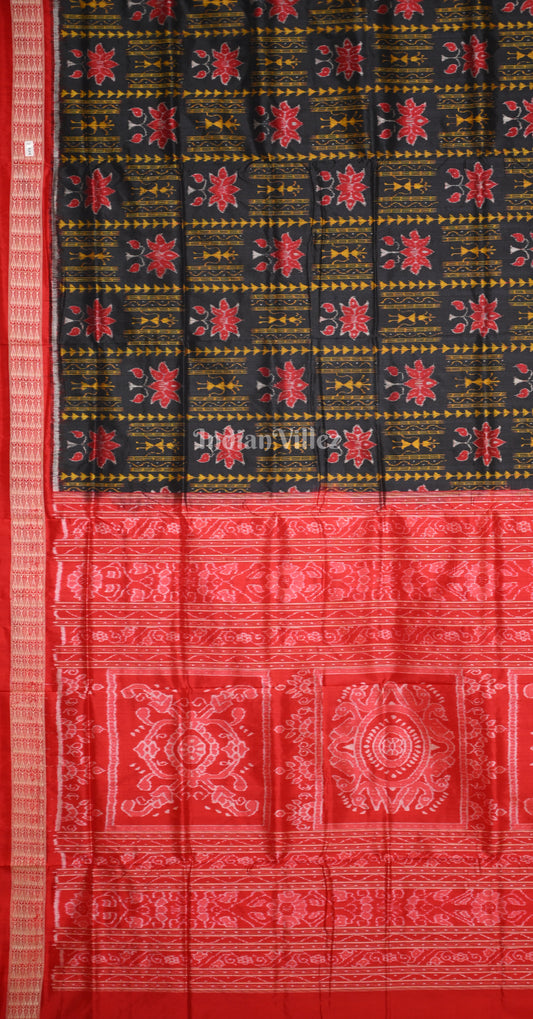 Black Red Tribal Lotus Motif Odisha Ikat Sambalpuri Silk Saree 