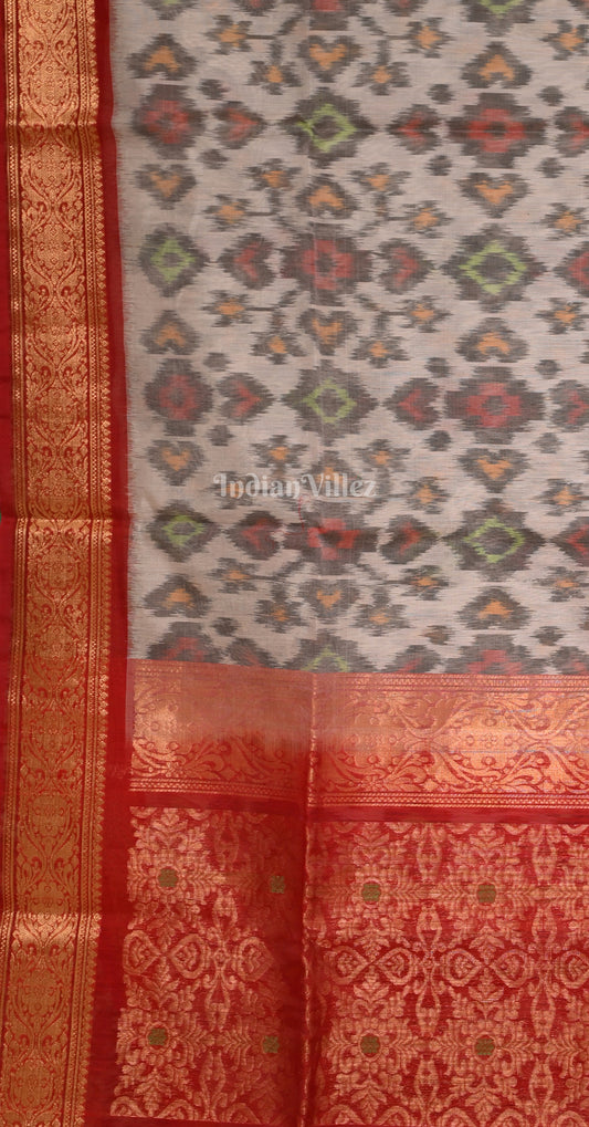 Off White Purple Pochampally Ikat Silk Cotton (Sico) Saree