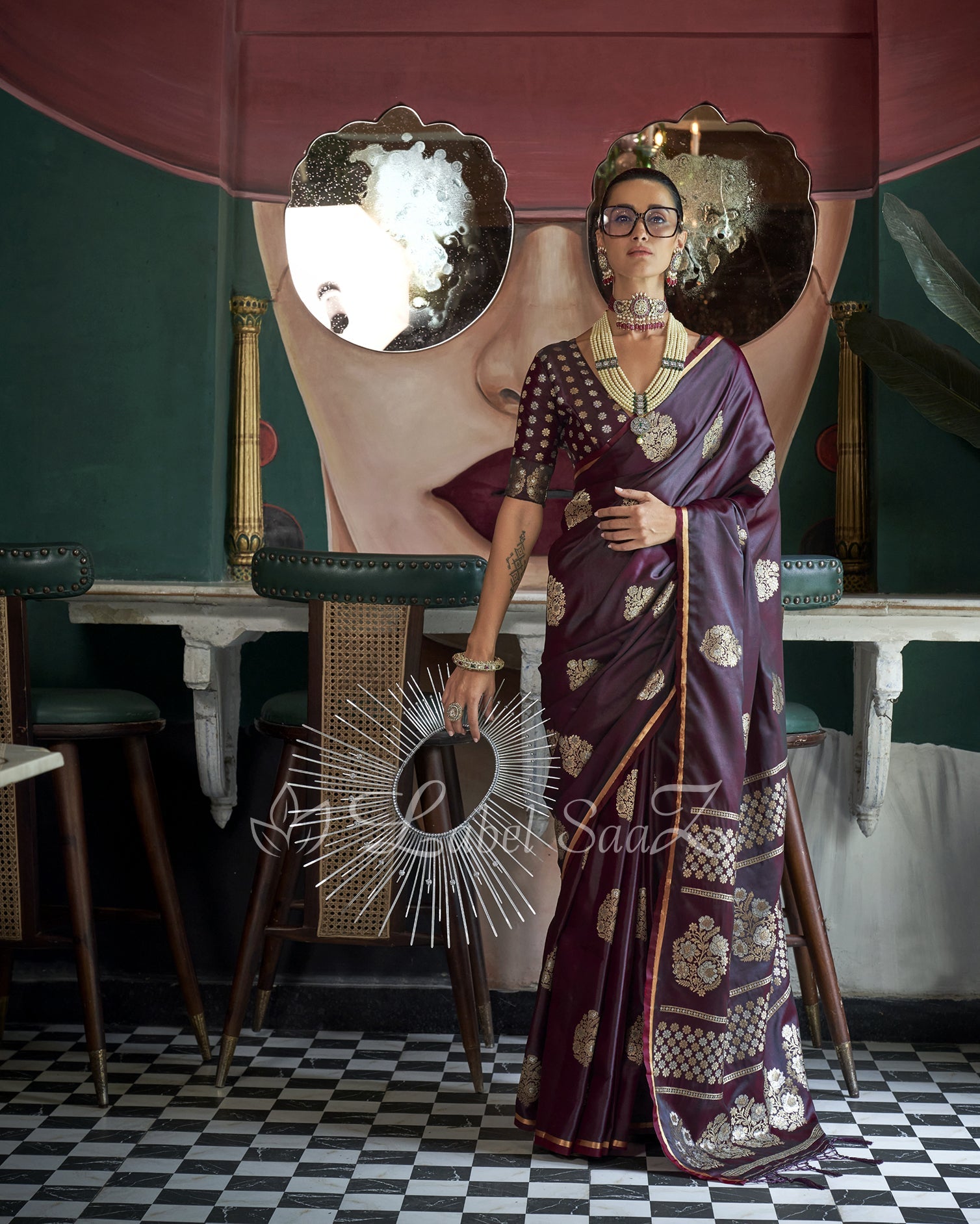 Wine Pure Satin Weaving Banarasi Silk Saree