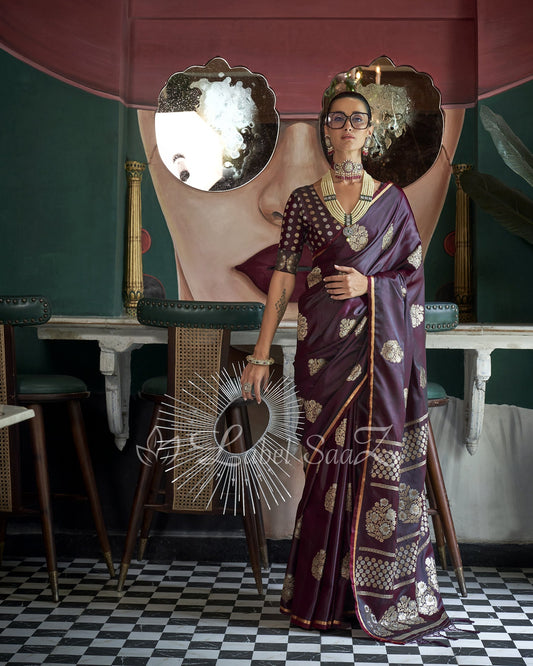 Wine Pure Satin Weaving Banarasi Silk Saree