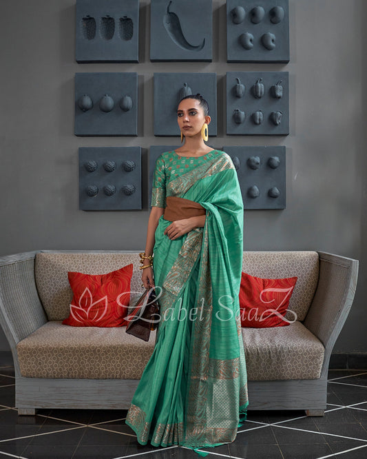 Green Handwoven Tussar Banarasi Saree with Copper Zari