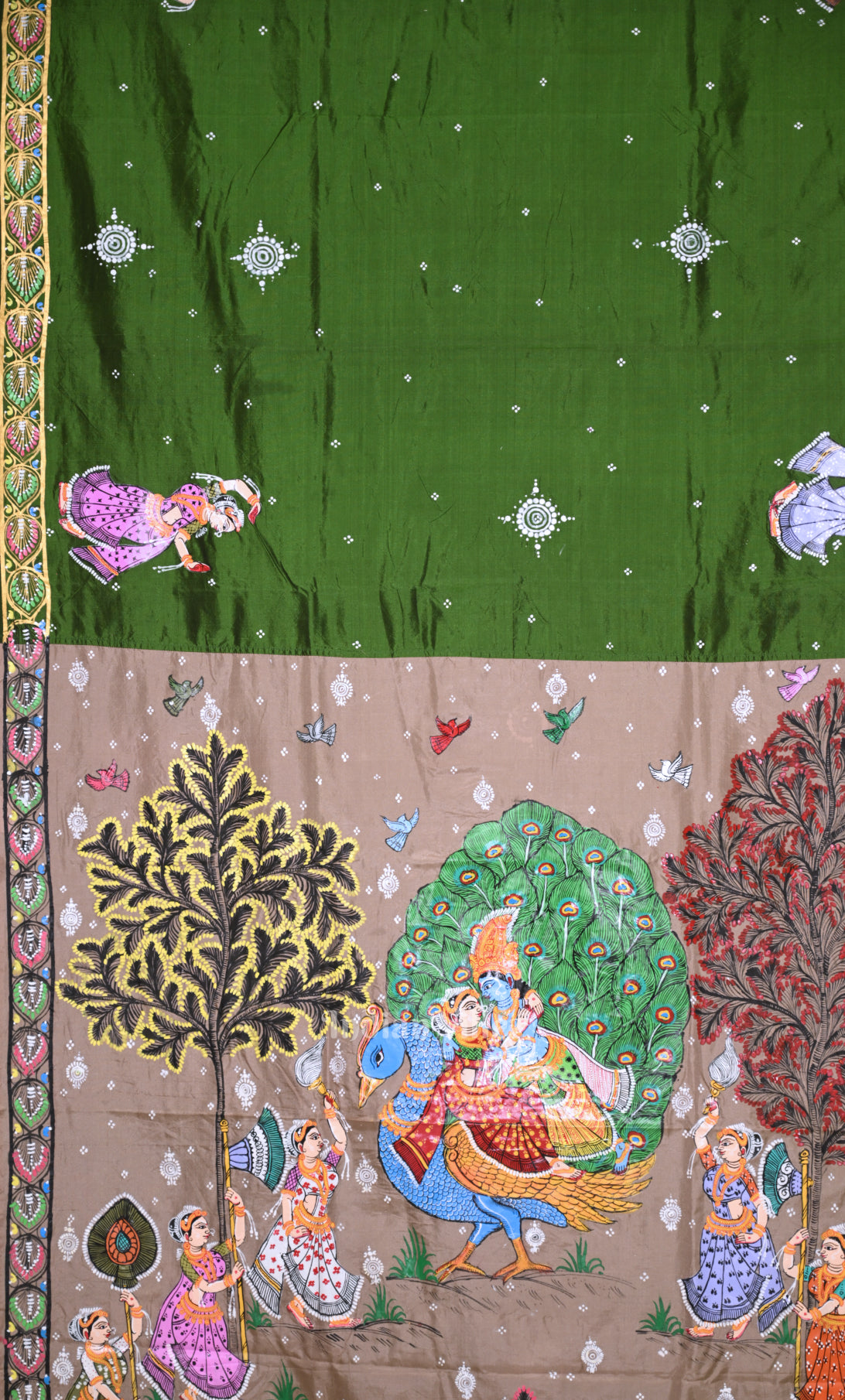 Mehendi Green Cream Krishna Peacock Design Hand-Painted Pattachitra Saree