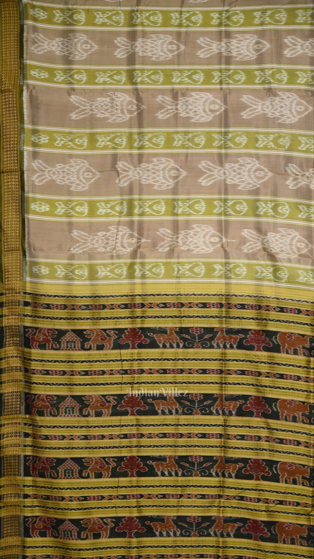 Pastel Olive Green Fish Theme Odisha Handloom Khandua Silk Saree 