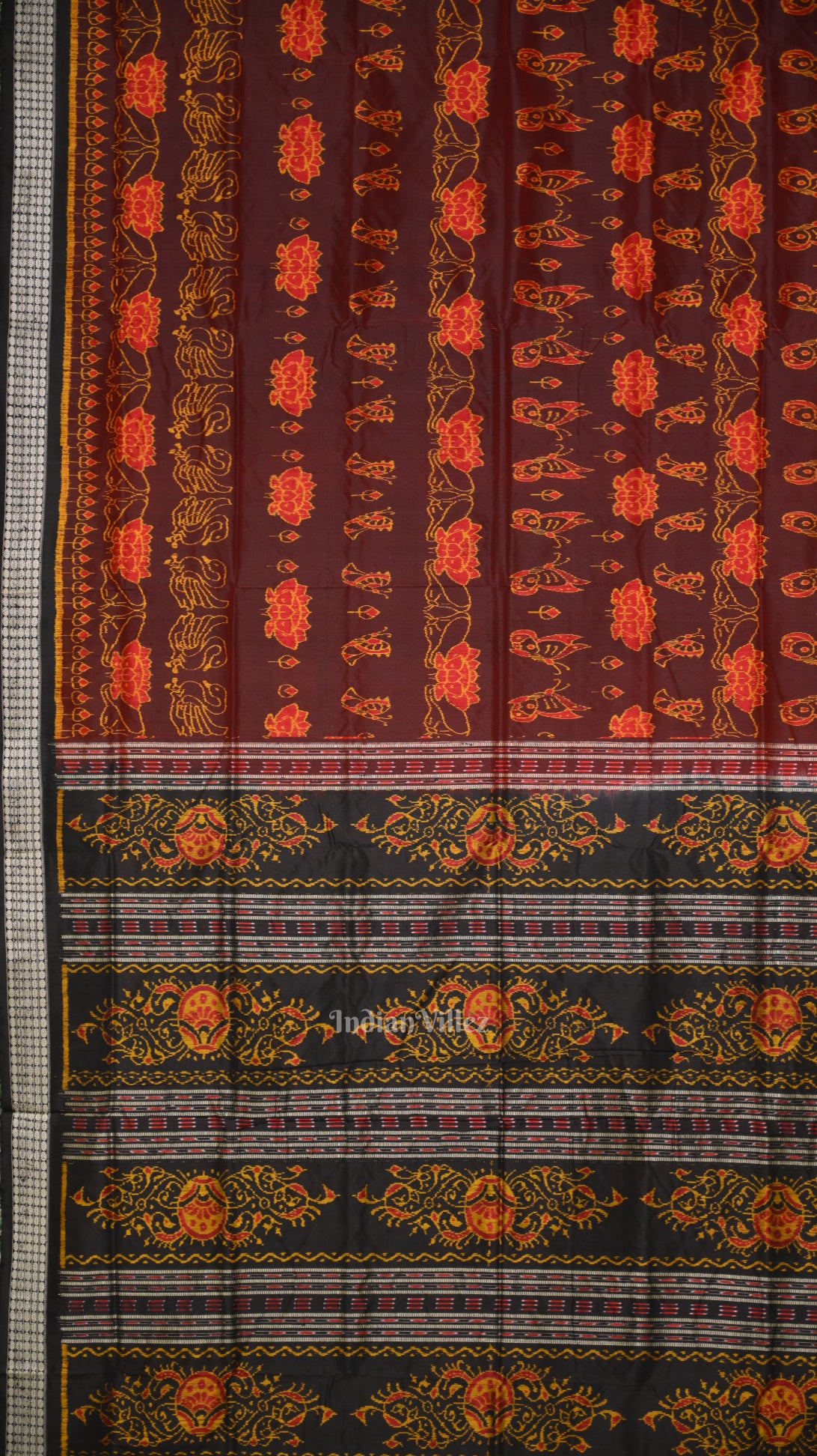 Maroon Lotus Theme Odisha Handloom Sambalpuri Silk Saree 