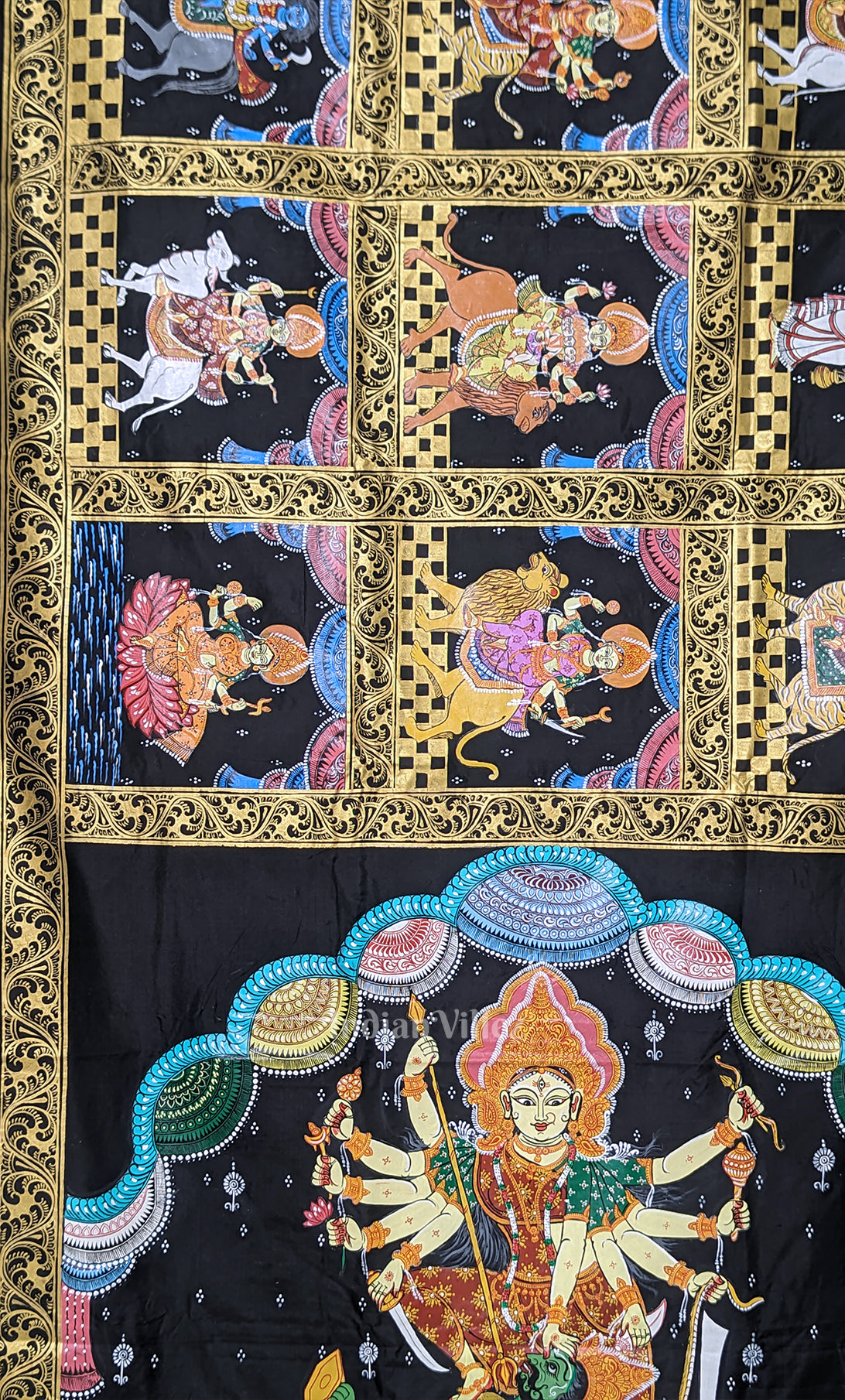 Black Navaratri Durga Puja Theme Hand-Painted Pattachitra Saree 