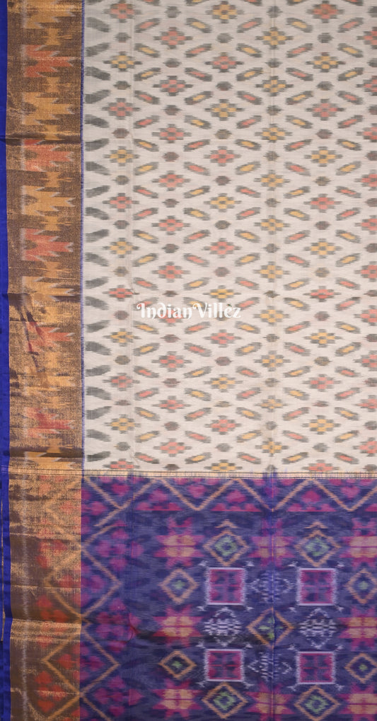 Off White Royal Blue Pochampally Ikat Silk Cotton (Sico) Saree
