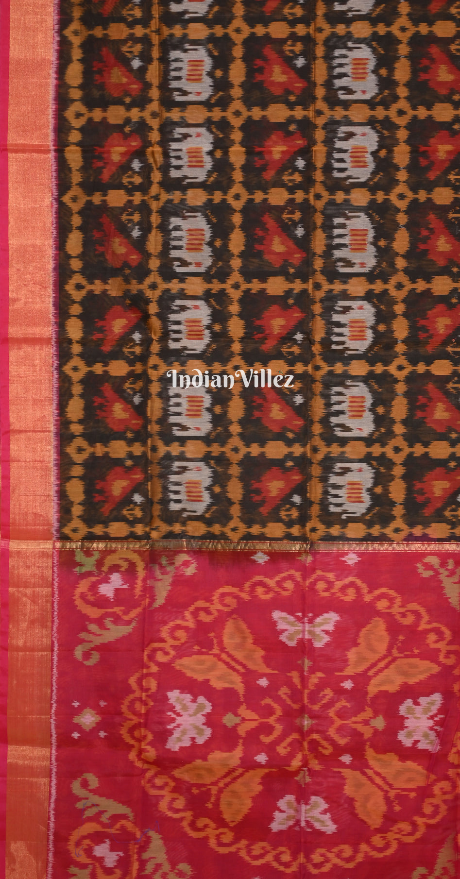 Black Magenta Pink Jungle Motif Pochampally Ikat (Sico) Saree 