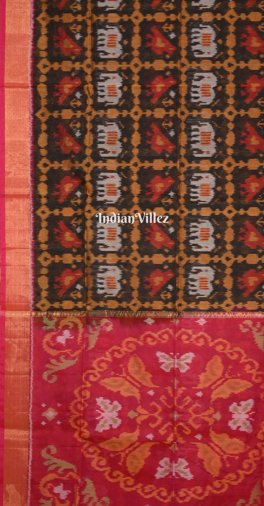Black Magenta Pink Jungle Motif Pochampally Ikat (Sico) Saree 