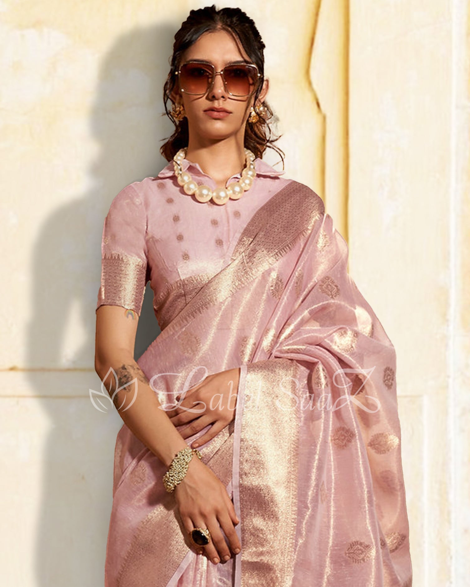 Light Pink Kora Tissue Handloom Saree With Paithani Pallu