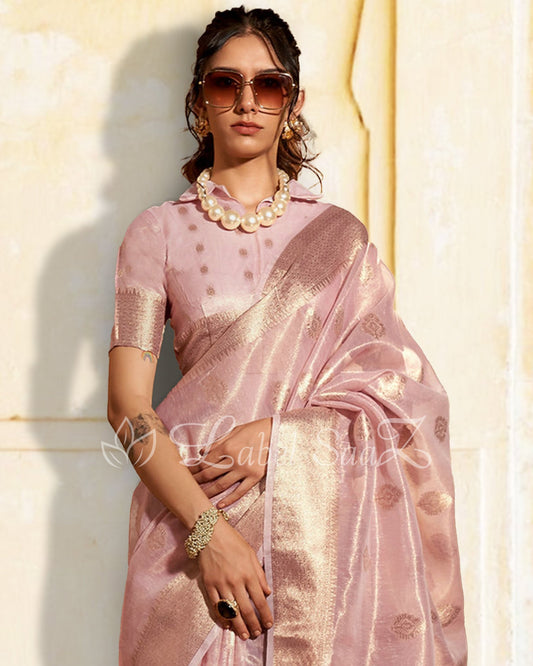 Light Pink Kora Tissue Handloom Saree With Paithani Pallu