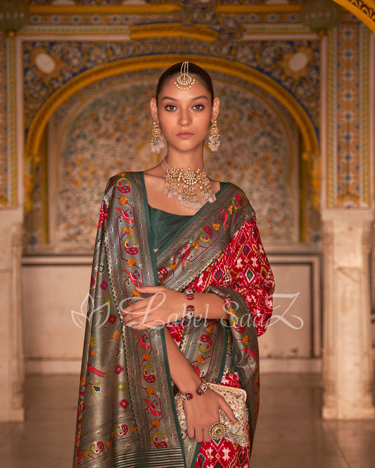 Red blue Patola inspired  Pochampally with Paithani Border and Pallu