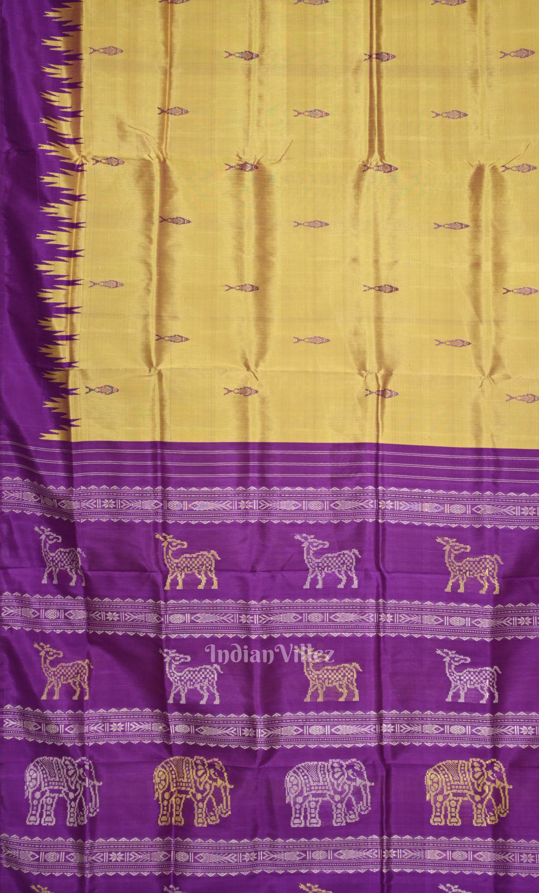 Yellow Purple Fish Motif Double Pallu Berhampuri Silk Saree