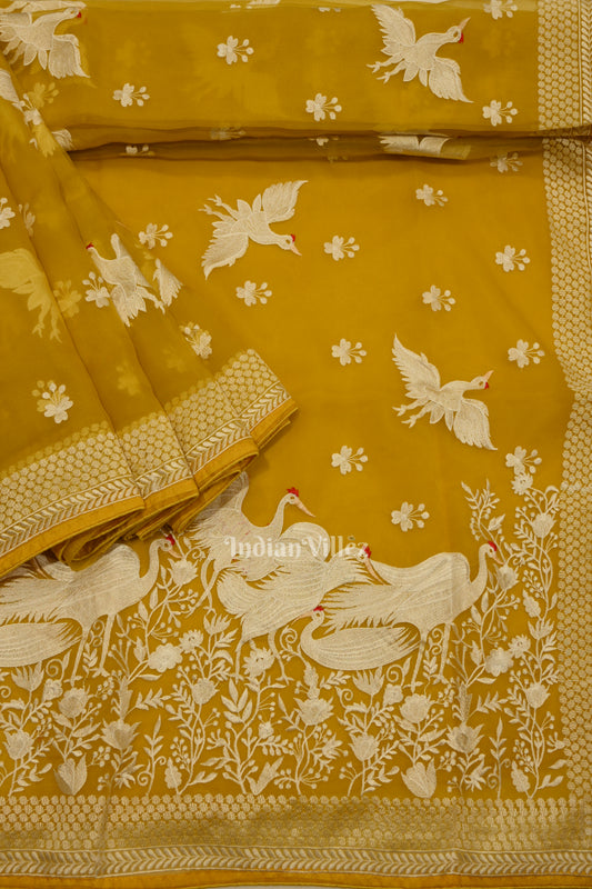 Yellow Parsi Gara Floral Motif Hand Embroidered Saree