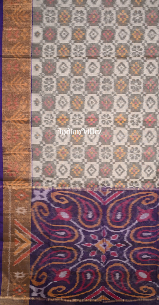 Off White Purple Pochampally Ikat (Sico) Saree 