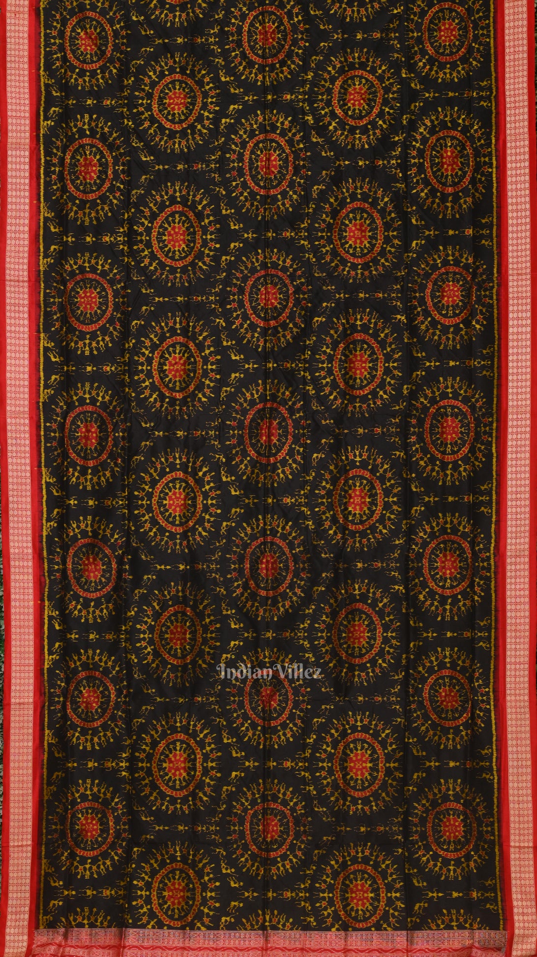 Deep Black Red Tribal Theme Sambalpuri Silk saree 