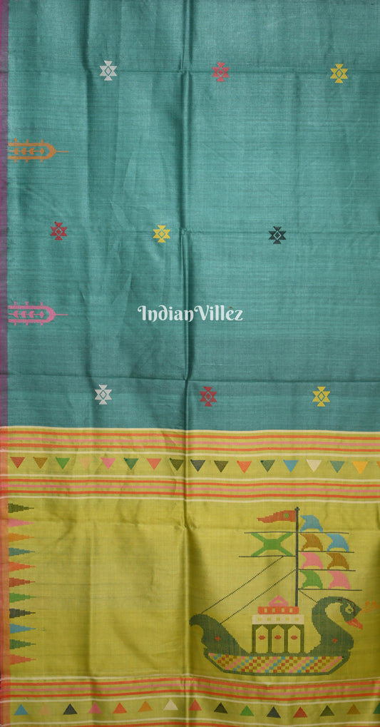 Teal Green Olive Gopalpur Tussar Silk Saree with Boita Anchal