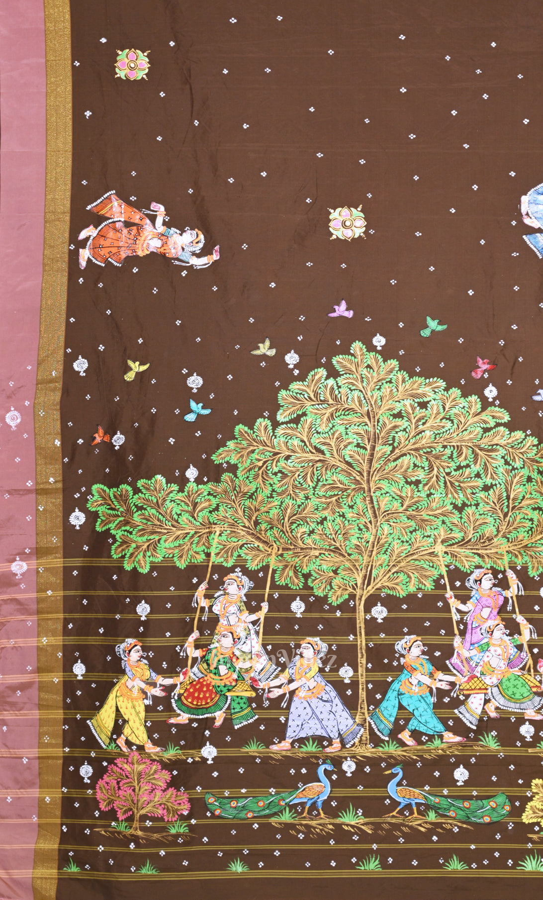 Coffee Brown Radha Krishna Raas Leela Hand-Painted Pattachitra Saree