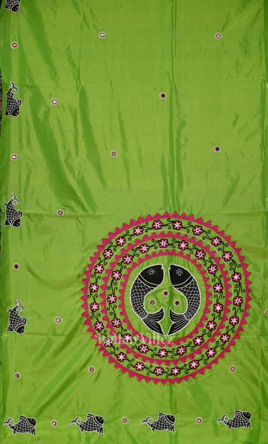 Parrot Green Applique  Work Handwoven saree 