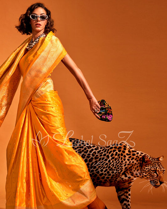 Yellow Handwoven Zari Satin Silk Banarasi Saree