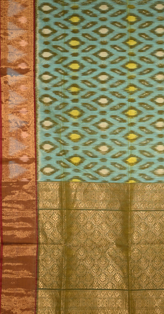 Sea Green Golden Pochampally Ikat Silk Cotton (Sico) Saree 