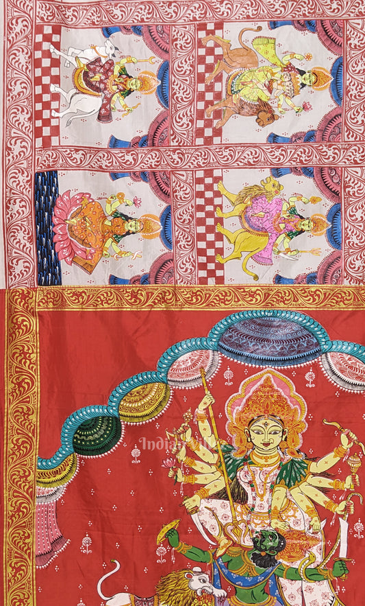 White Red Navaratri Durga Puja Theme Hand-Painted Pattachitra Saree