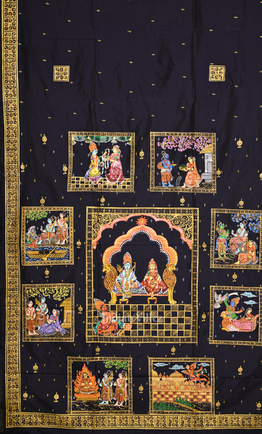 Navy Blue Ramayan Theme Pattachitra Saree