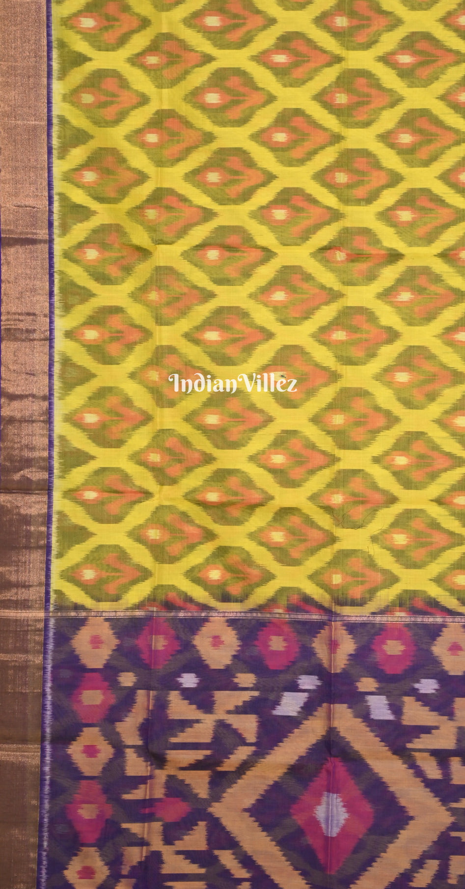Lime Yellow Purple Pochampally Ikat Silk Cotton (Sico) Saree