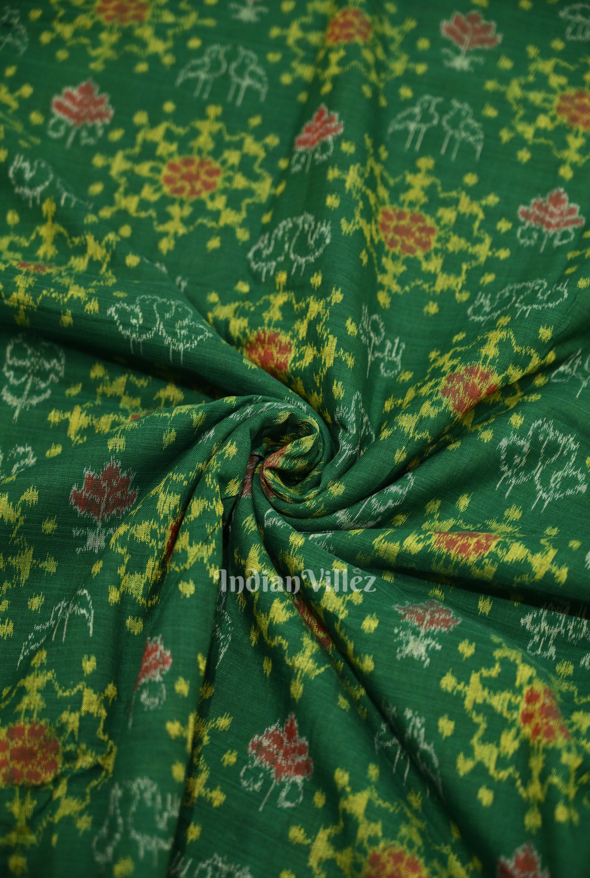 Green Tribal Theme Sambalpuri Odisha Ikat Cotton Fabric 