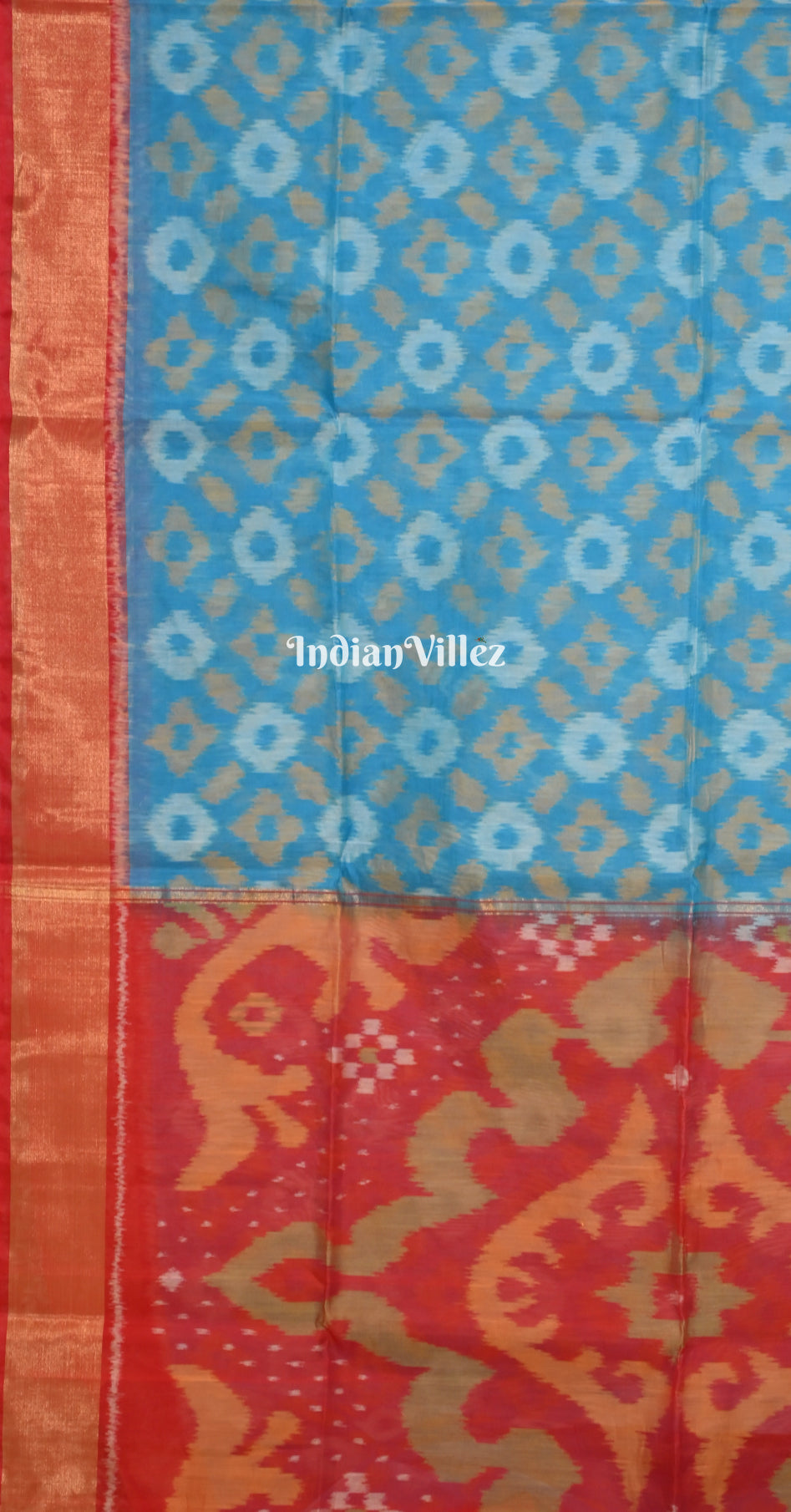 Sky Blue Red Pochampally Ikat Silk Cotton (Sico) Saree 
