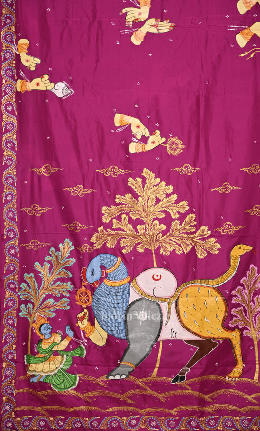 Rani Pink Arjuna Bows to Navagunjara Pure Hand-Painted Pattachitra Saree