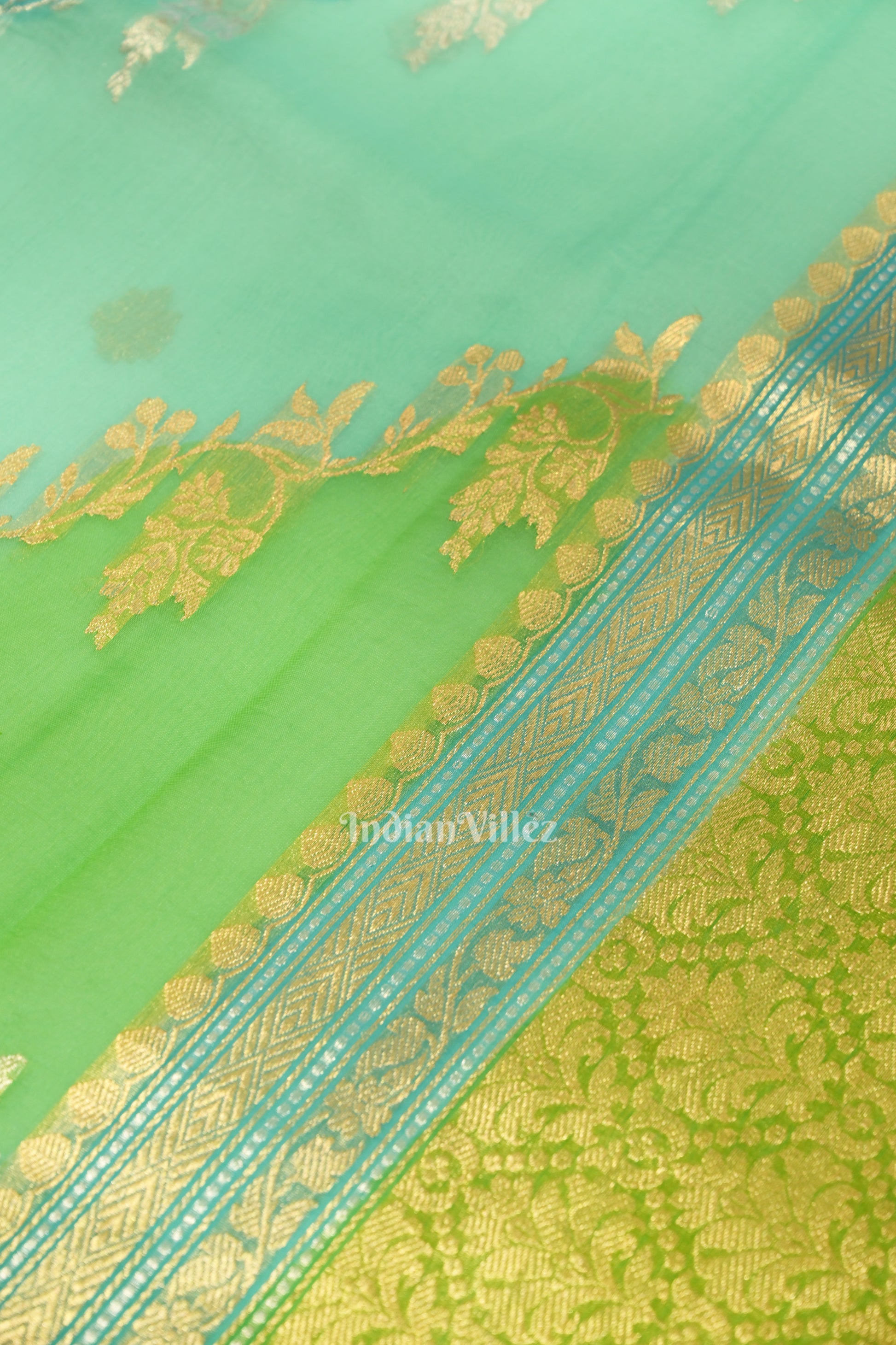 Surf Blue with Green Kora Organza Banarasi Saree