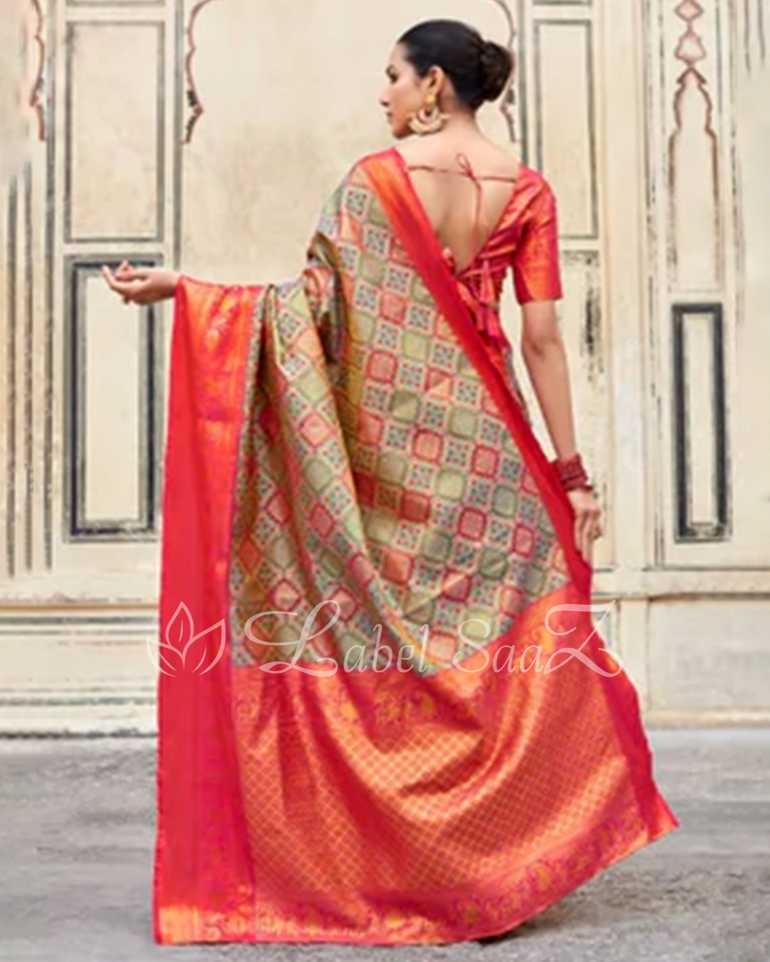 Coral Multi Color Pure Brocade Tissue Kanjivaram Saree