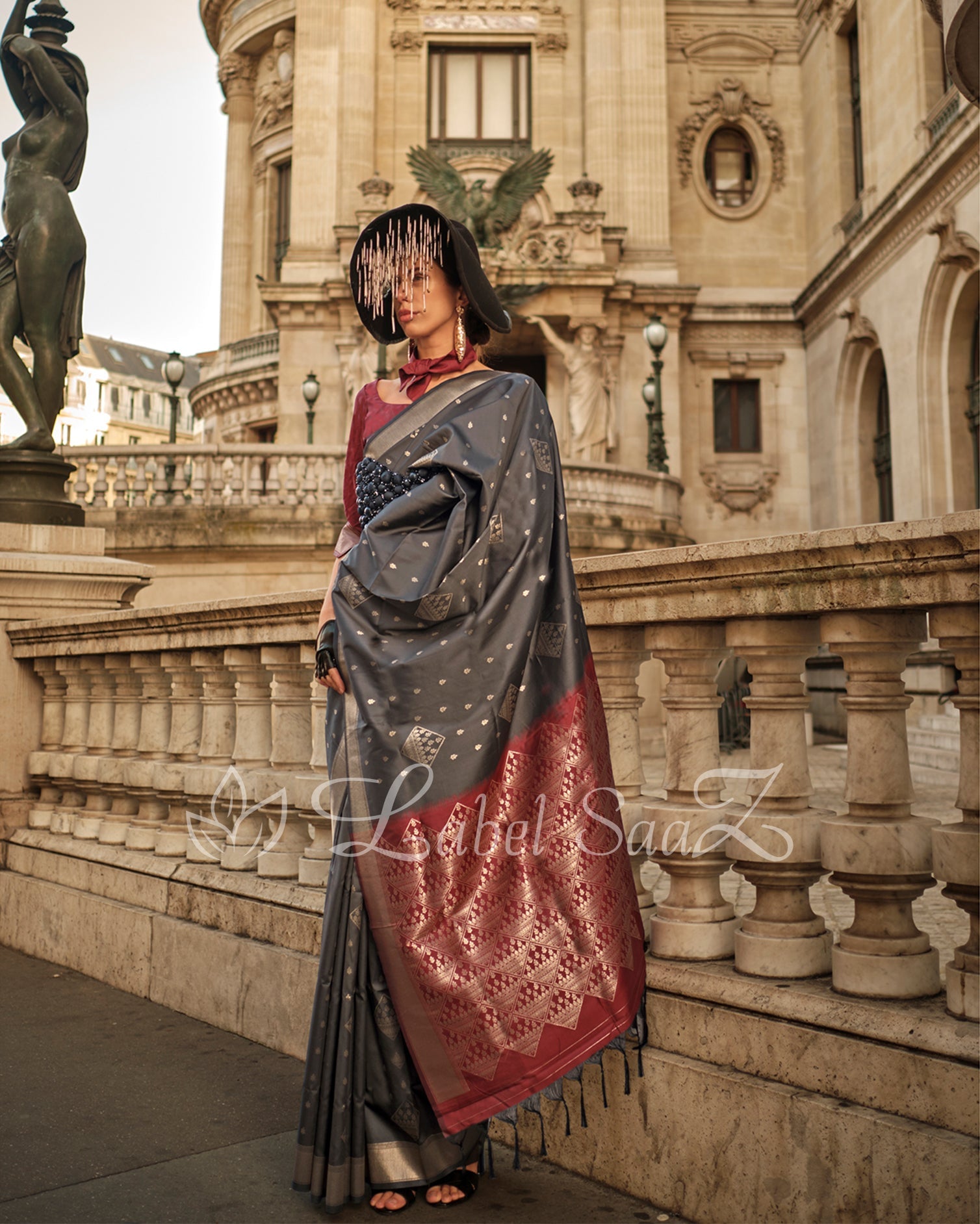  Grey Maroon Kanjivaram South Soft Silk Saree